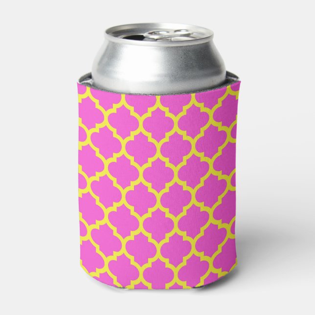 Hot Pink Yellow Moroccan Quatrefoil Pattern #5 Can Cooler (Can Front)