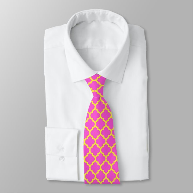 Hot Pink, Yellow Moroccan Quatrefoil Pattern #5 Tie (Tied)