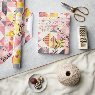Hot Pink Yellow Quilt Gingham Cottagecore Floral Wrapping Paper