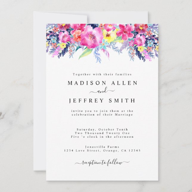 Hot Pink & Yellow Spring Floral Wedding Invitation (Front)