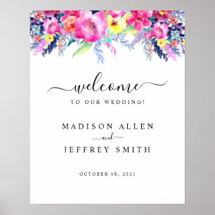 Hot Pink Yellow Spring Floral Wedding Welcome Sign