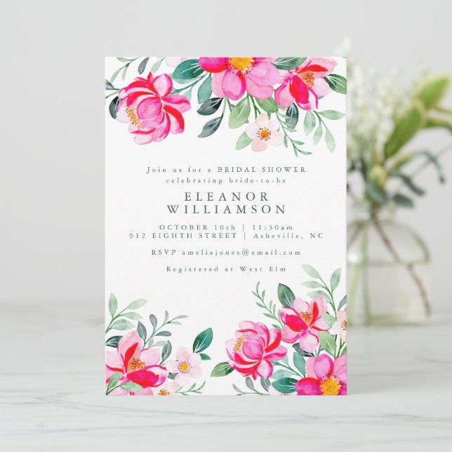 Hot Pink Yellow Watercolor Floral Bridal Shower Invitation (Standing Front)