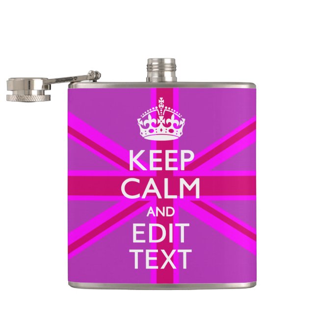 Hot Pink Your Keep Calm Edit Text Union Jack Hip Flask (Opened)