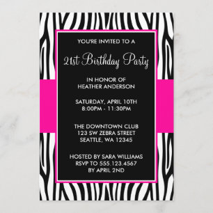 Hot Pink Zebra 21st Birthday Party Invitation