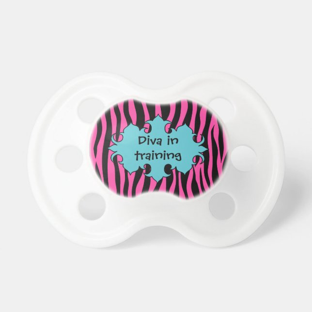 hot pink zebra and turquoise diva in training pacifier (Front)