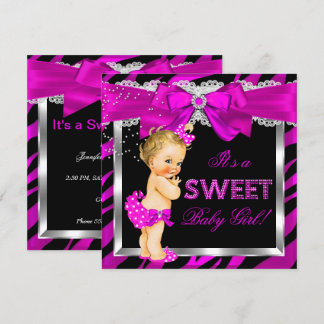 Hot Pink Zebra Baby Shower Girl Blonde Baby Invitation
