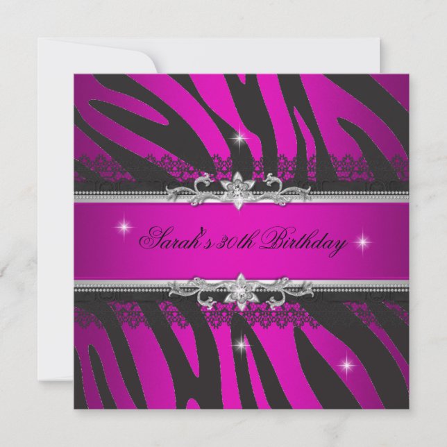 Hot Pink Zebra Black Silver 30th Birthday Party Invitation (Front)
