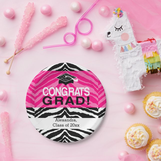 Hot Pink Zebra Congrats Girl's Graduation Party Paper Plate (Party)