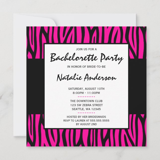 Hot Pink Zebra Modern Bachelorette Party Invitation (Front)