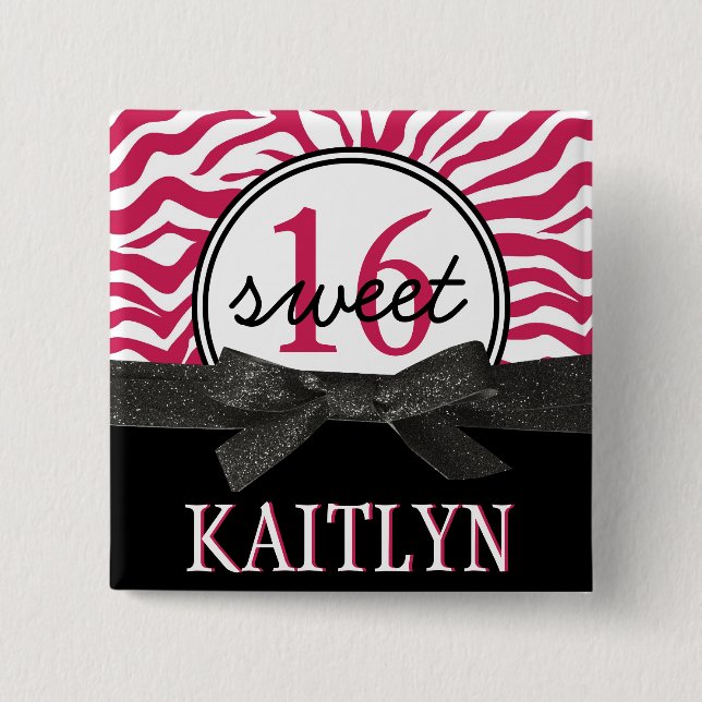 Hot Pink zebra Personalized Sweet 16 2 Inch Square Button (Front)