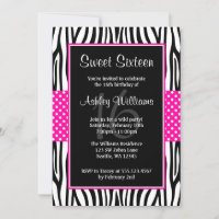 Hot Pink Zebra Polka Dot Sweet 16 Invitations