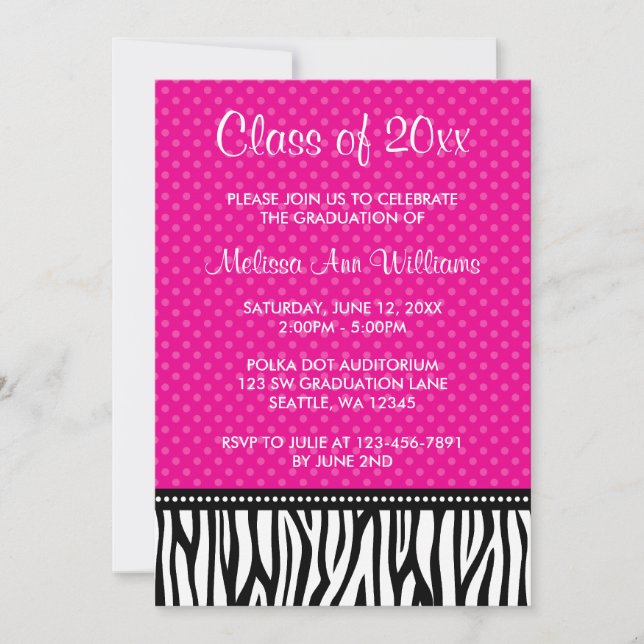 Hot Pink Zebra Polka Graduation Announcement (Front)