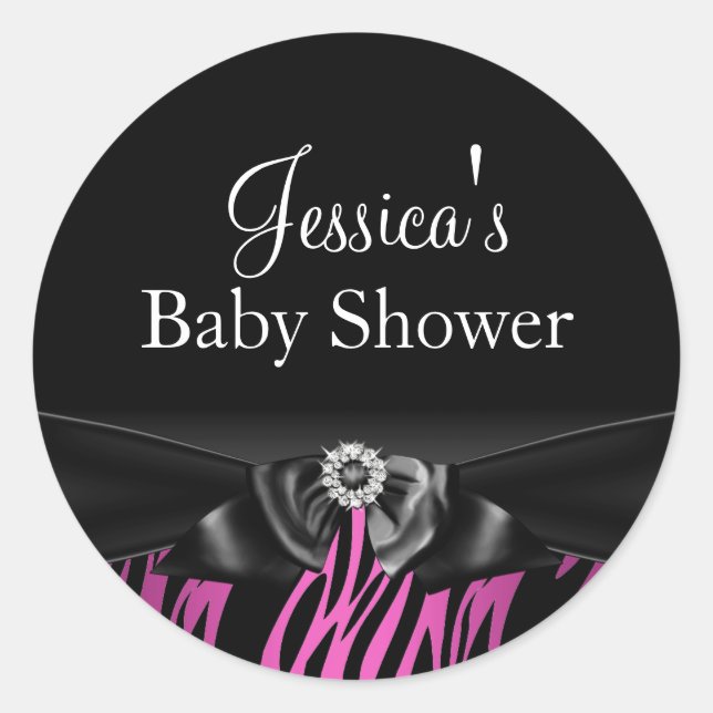 Hot Pink Zebra Print & Bow Baby Shower Sticker (Front)