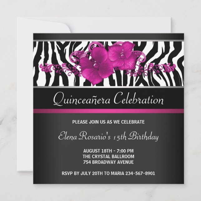 Hot Pink Zebra Quinceanera Invitations (Front)