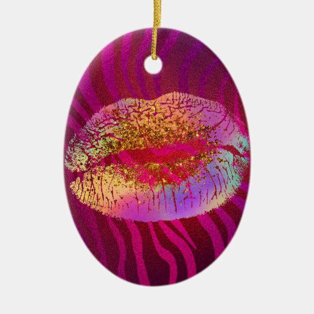 Hot Pink Zebra Rainbow Gold Glitter Lips Custom Ceramic Ornament (Front)