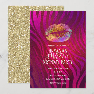 Hot Pink Zebra Rainbow Gold Glitter Lips Party Invitation