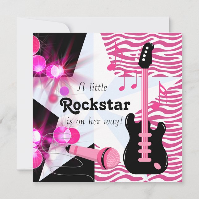 Hot Pink Zebra Rockstar Baby Girl Shower Invitation (Front)
