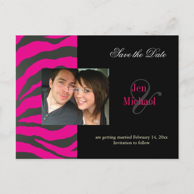 Hot pink zebra Save the Date Photo postcards, Announcement Postcard (Front)