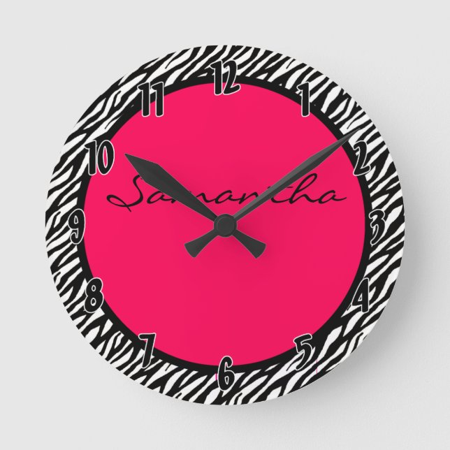 Hot Pink Zebra Stripe Pattern Personalized Clock (Front)