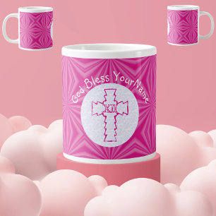 Hot Pink Zig-Zag Cross Pink White Personalized Large Coffee Mug