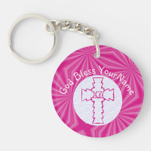 Hot Pink Zig Zag Cross White and Bright Pink Keychain