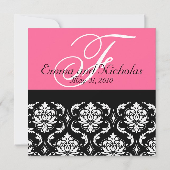 Hot PinkWedding Invitation Monogram Damask Back #4 (Front)