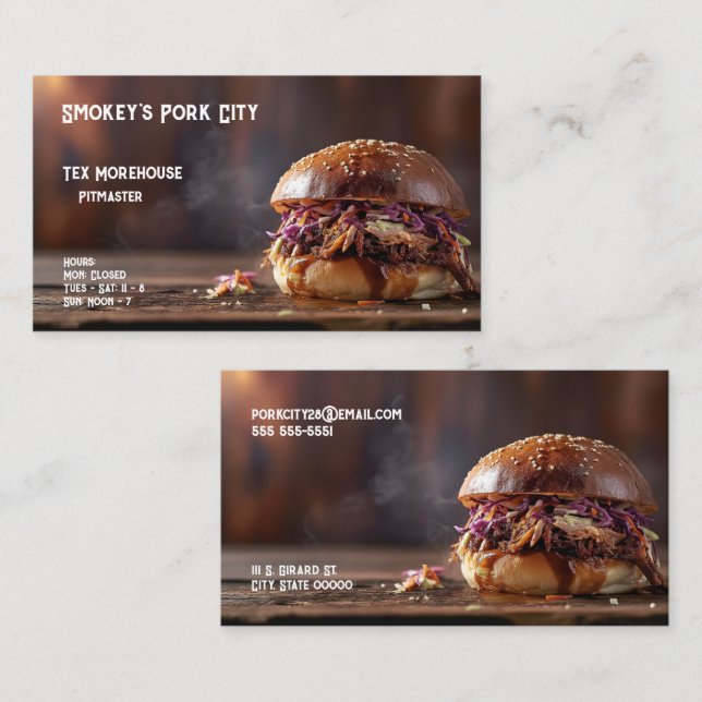 Hot pulled pork sandwich with text space business card (Front/Back)