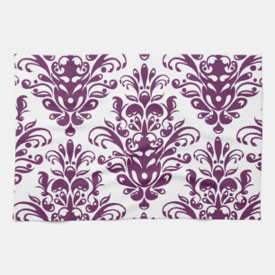 Hot Purple and White Elegant Damask Pattern Kitchen Towel