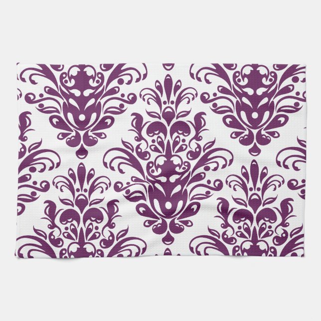 Hot Purple and White Elegant Damask Pattern Kitchen Towel (Horizontal)
