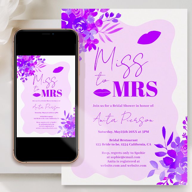 Hot purple wavy frame boho floral bridal shower invitation (Creator Uploaded)