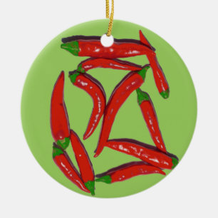 Hot Red Chili Peppers Pattern Ceramic Ornament