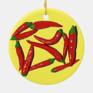 Hot Red Chili Peppers Pattern Ceramic Ornament
