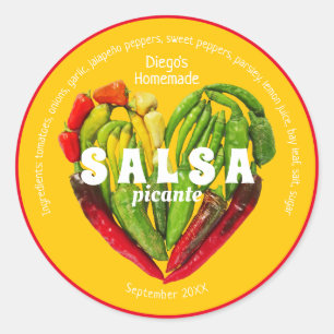 Hot red green chili pepper heart yellow food label