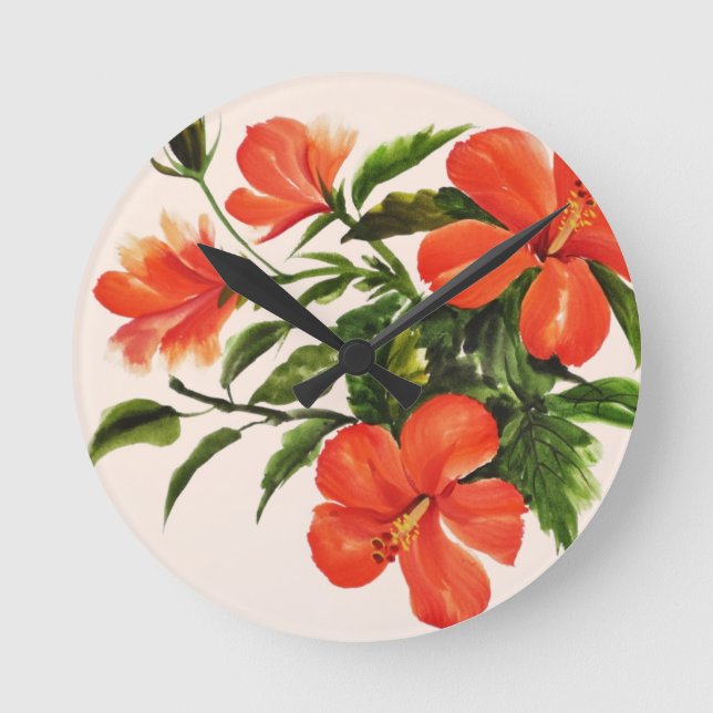 Hot Red Hibiscus Round Clock (Front)