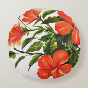 Hot Red Hibiscus Round Pillow