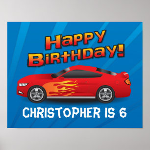Hot Red Race Car with Flames Boy's Birthday Party Poster