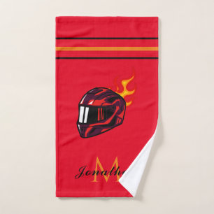 Hot Red Racing Helmet Modern Graphics Boys Name Hand Towel