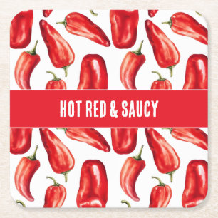 Hot Red & Saucy Chili Peppers Wedding Square Paper Coaster