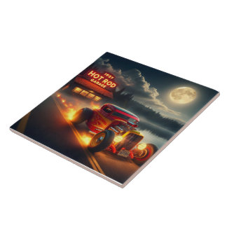 Hot rod drives by vintage garage at night tile