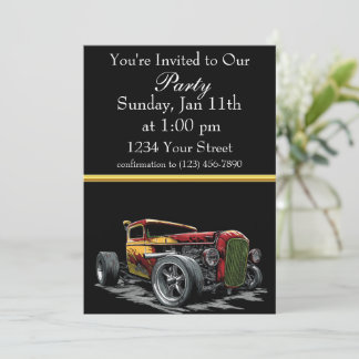 Hot Rod party invite with gold foil stripe