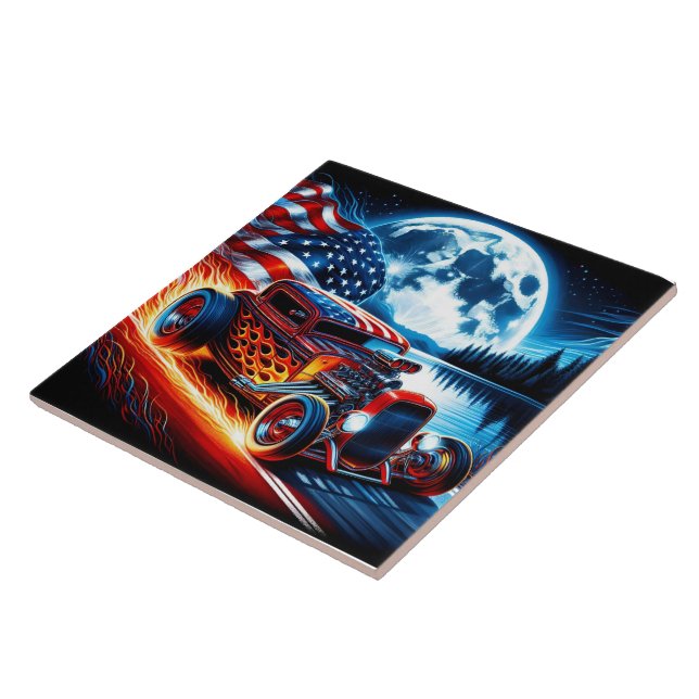 Hot rod racing under a full moon  American flag Tile (Side)