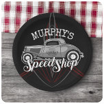 Hot Rod Speed Shop CUSTOM NAME Pinstripes Garage Paper Plate<br><div class="desc">Hot Rod Speed Shop CUSTOM NAME Pinstripes Garage Gifts - Personalize with your Name or Text (featured in 2 location - Headline and Hot Rod Door GARAGE LOGO Design) - The ultimate UNIQUE gift for that Hot Rod,  Custom Classic Car Enthusiast!</div>