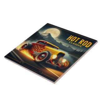 Hot rod zooms by moonlit lake tile