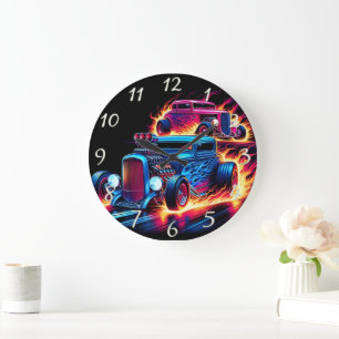 Hot rods racing through a fiery landscape at dusk large clock