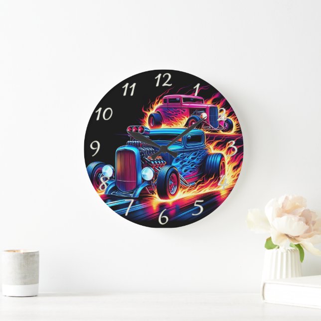 Hot rods racing through a fiery landscape at dusk large clock (Home)
