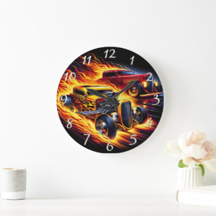 Hot rods racing through a fiery night landscape large clock
