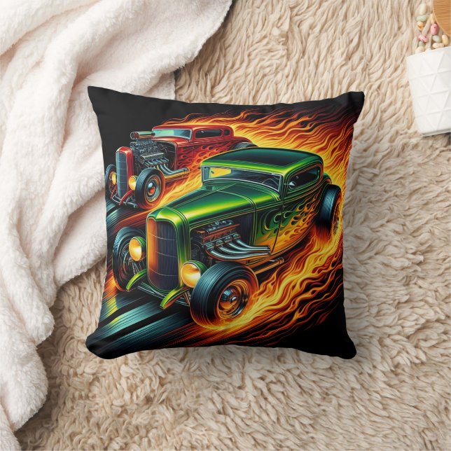 Hot rods racing through a fiery night landscape throw pillow (Blanket)