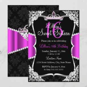 Hot rose argent noir Tiara Sweet 16 Invitation