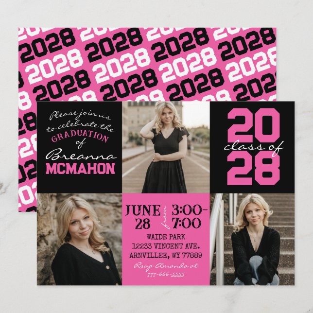 Hot Rose & Black 3 Photo Graduation Invitation (Devant / Derrière)