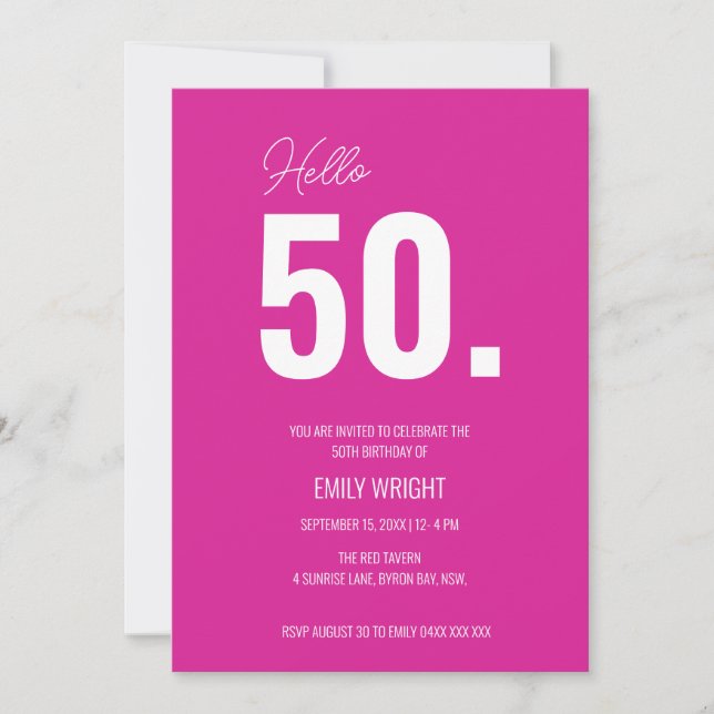 Hot Rose Bonjour Cinquante Anniversaire Invitation (Devant)
